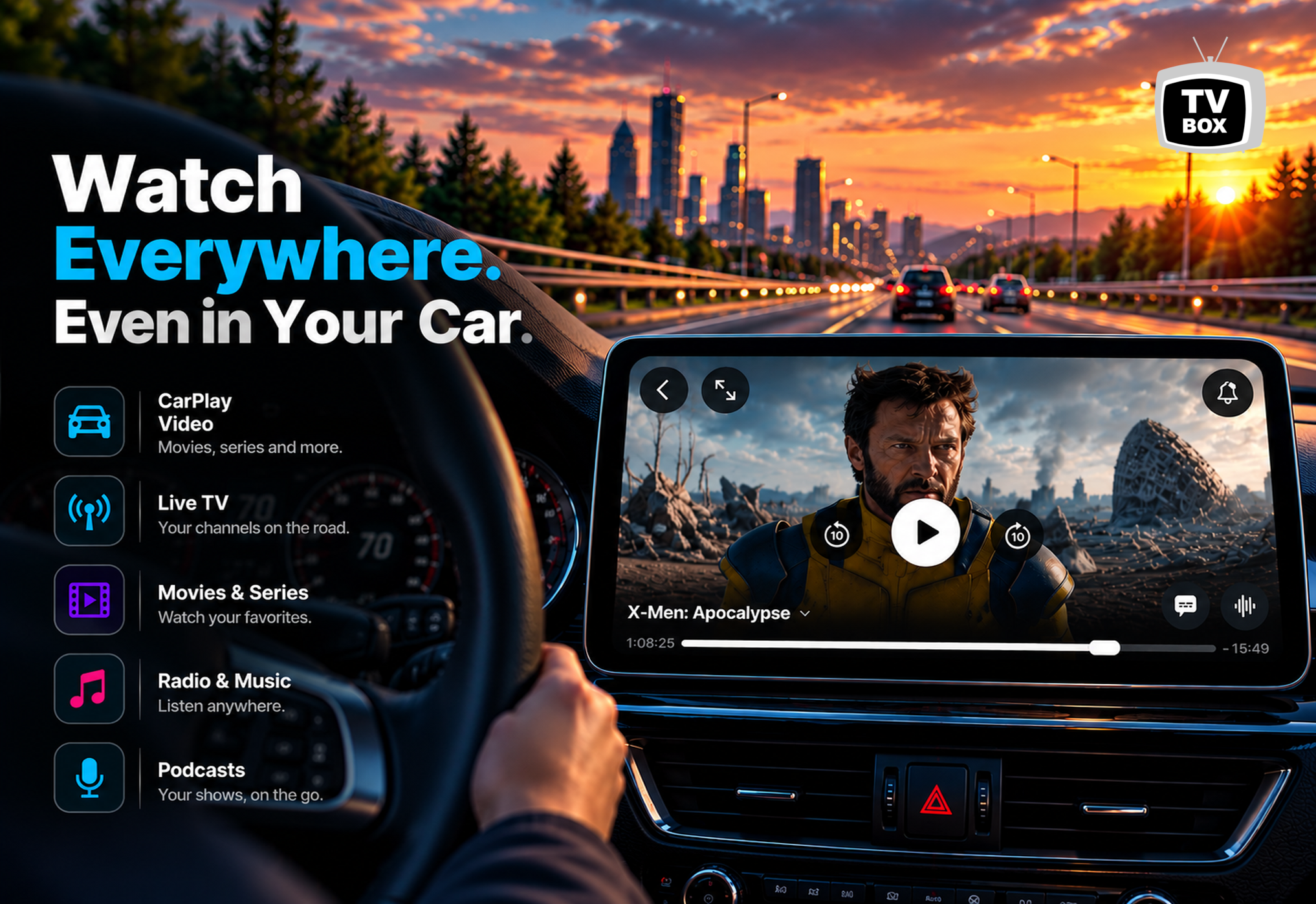 TV-Box video playback shown on a CarPlay display