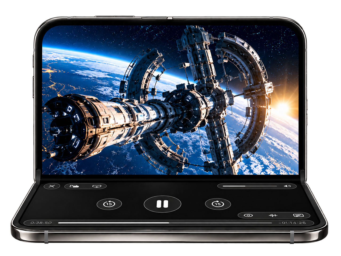 TV-Box video playback on a phone with cinematic space imagery