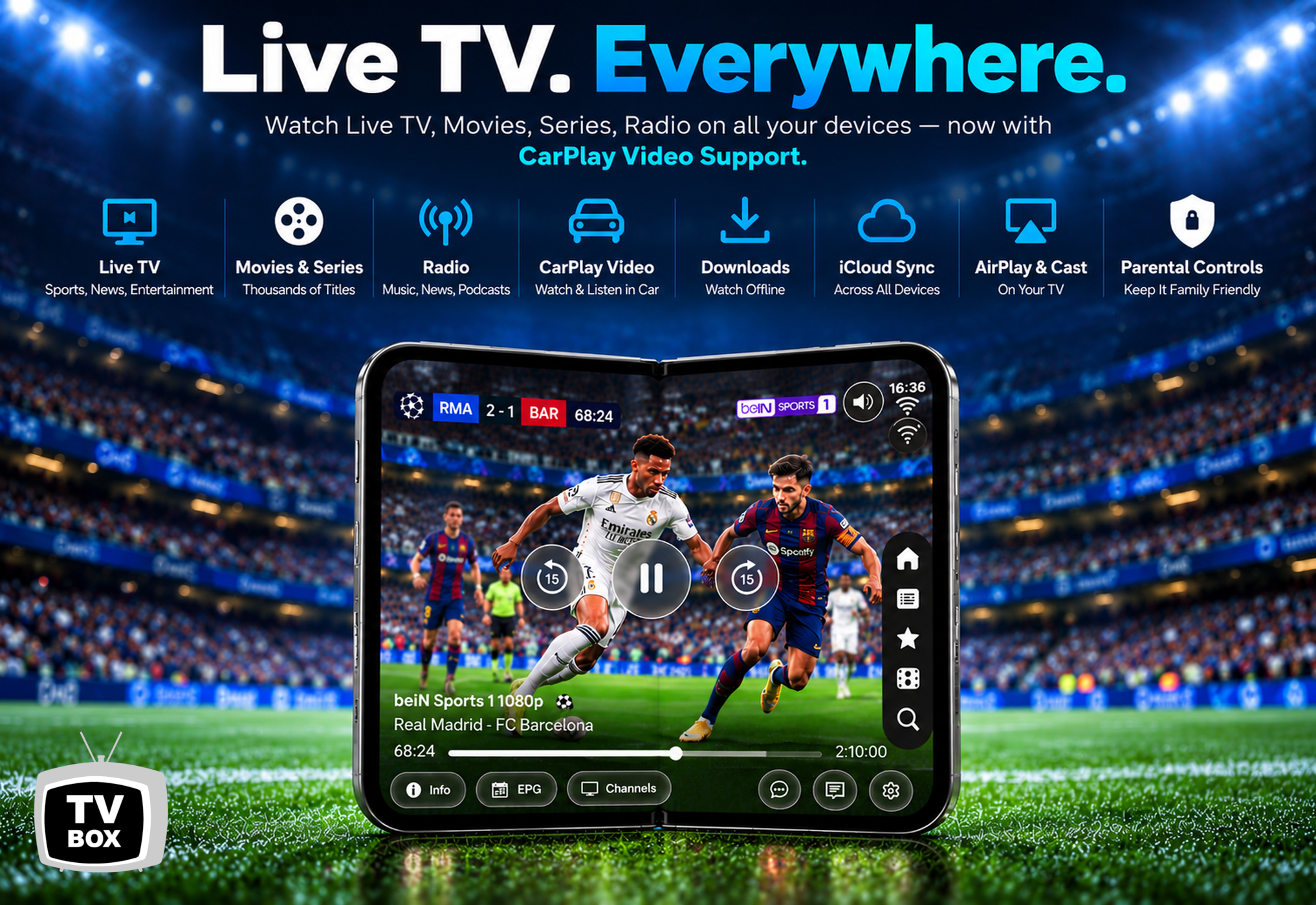 TV-Box Duo design across two iPhone screens